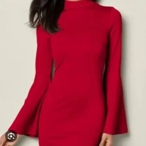 Christmas Venus Mock Neck Long Bell Sleeve Mini Holiday Knit Dress Size M Red